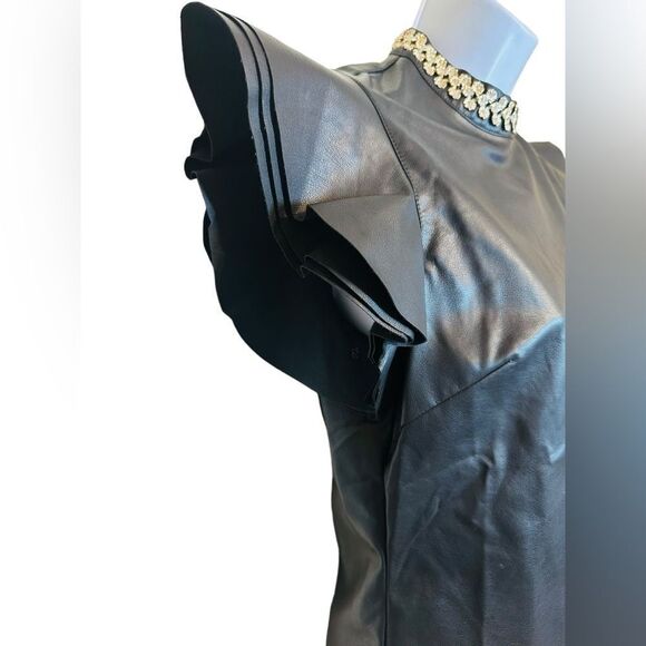 GRACIA Faux Leather Ruffled Sleeve Top In Black Studded Neckline Size Small NWT - Picture 4 of 11